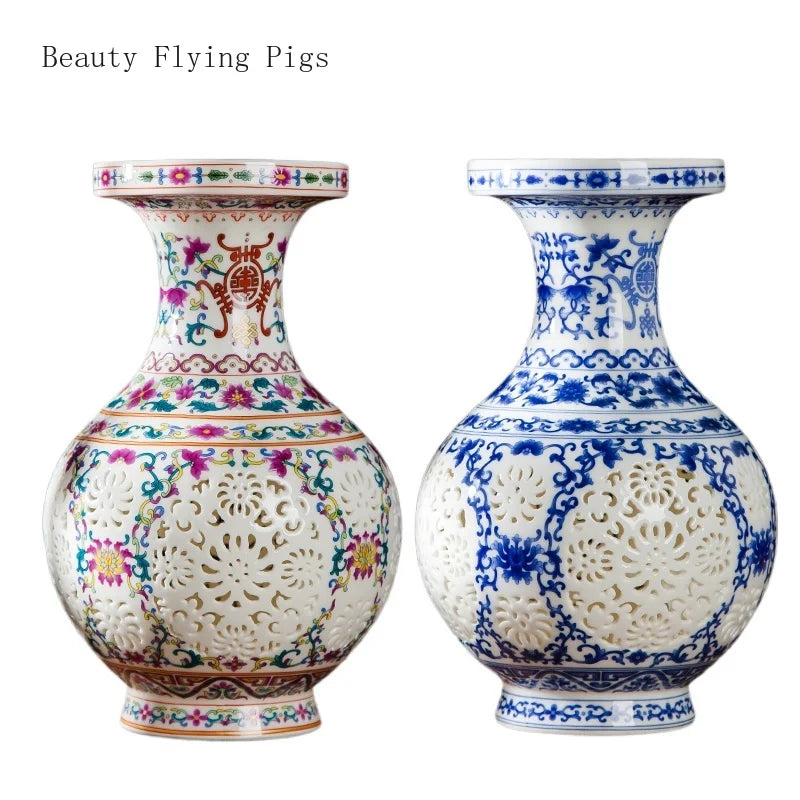 Jingdezhen Pink Blue and White Porcelain Hollow Small Vase Crafts, Living Room Flower Arrangement, Bo Gu Shelf Decoration