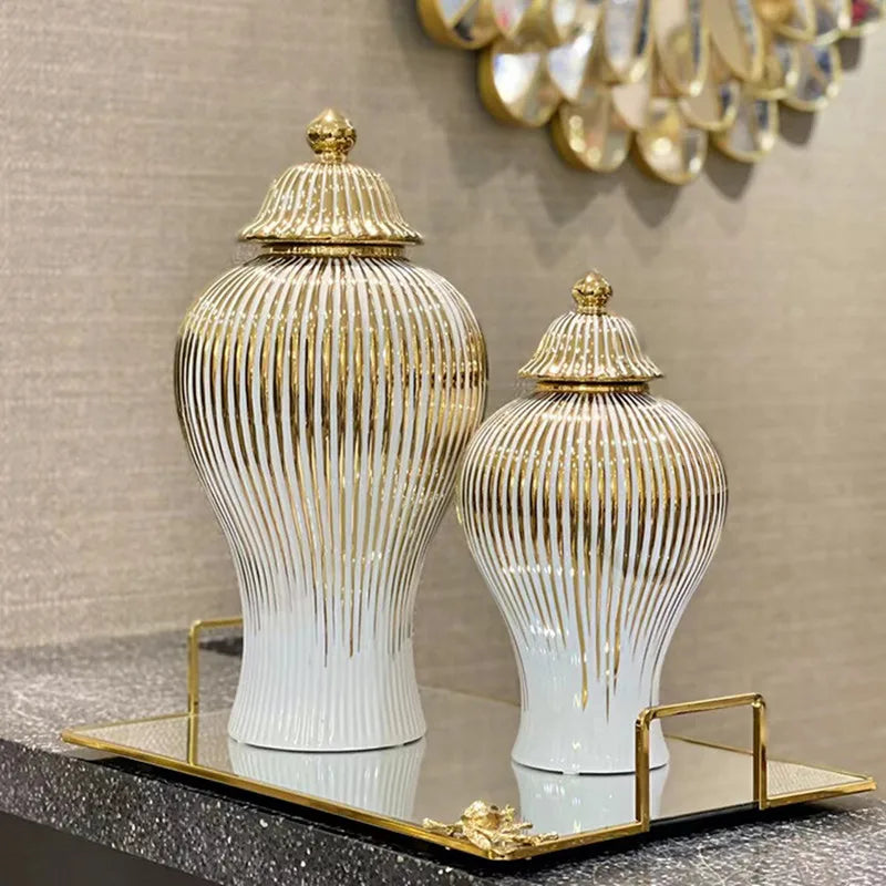 Gold Striped Ceramic Pot General Bottle Ginger Jar Hand-made Ceramic Bottle Porcelain Artifact Vase Storage Tank Home Decoration