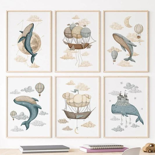 Whale Ship Castle Watercolour Balloon Nordic Nursery Wall Art Posters Art Prints Canvas Painting