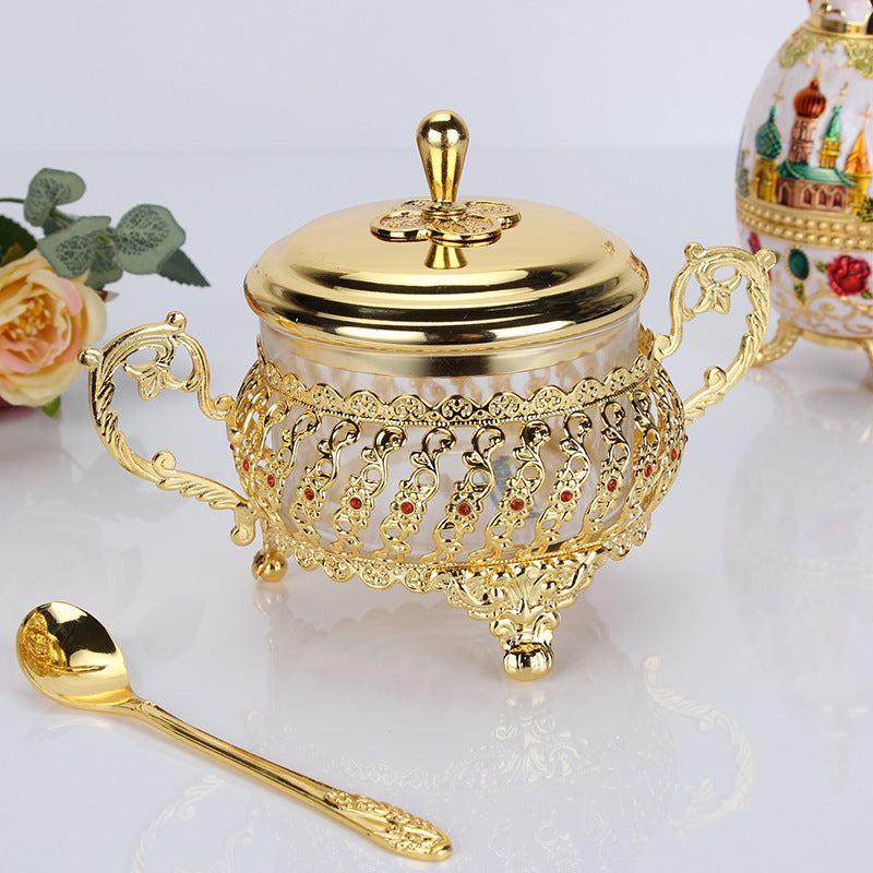 Regal and Decadent Glass and Gold Alloy Sugar, Seasoning, and Condiment Container