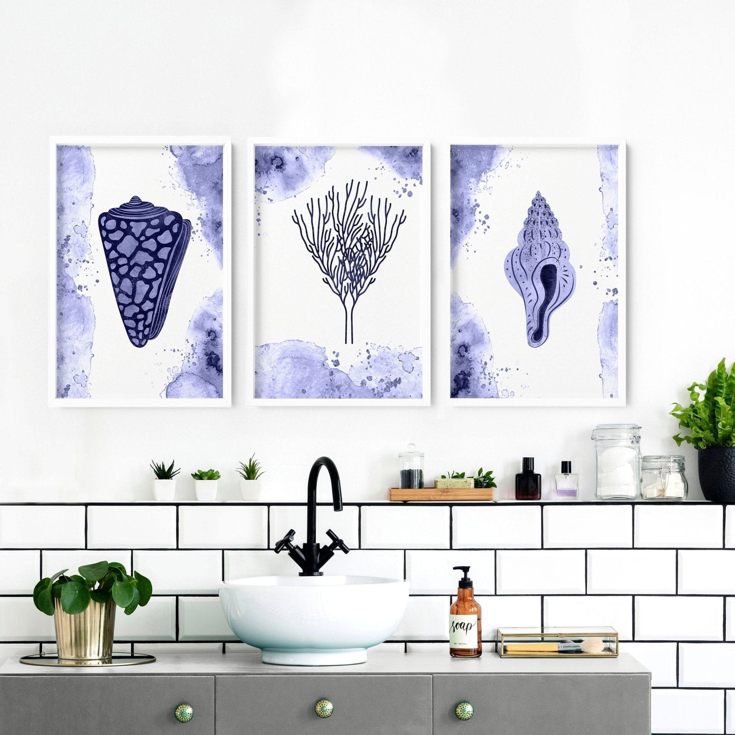 Bathroom decor blue | set of 3 wall art prints