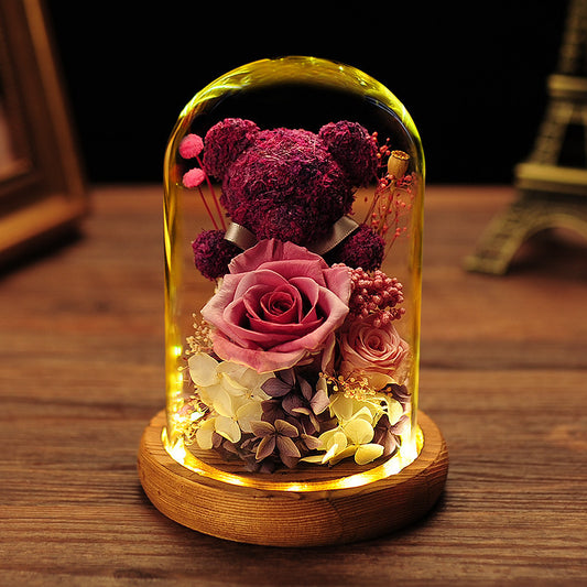 Wunderschöne handgefertigte leuchtende Eternity-Rose mit Bär – eine zeitlose Hommage in zartem Glas