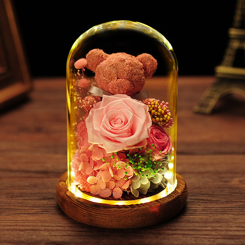 Wunderschöne handgefertigte leuchtende Eternity-Rose mit Bär – eine zeitlose Hommage in zartem Glas