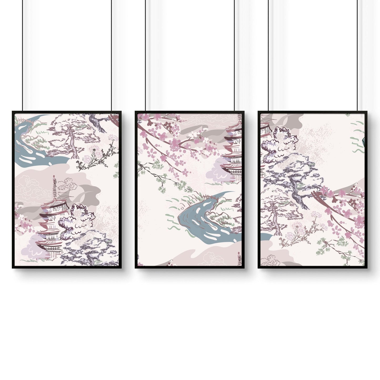 3 Chinoiserie wall art | Set of 3 wall art for living room |