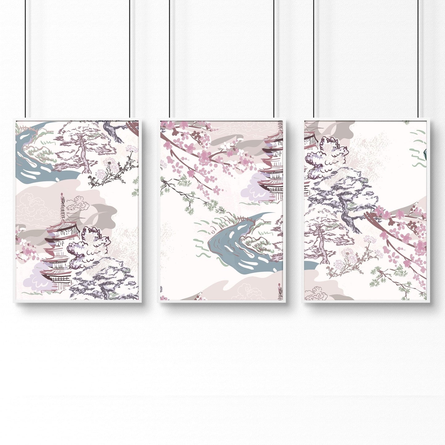 3 Chinoiserie wall art | Set of 3 wall art for living room |