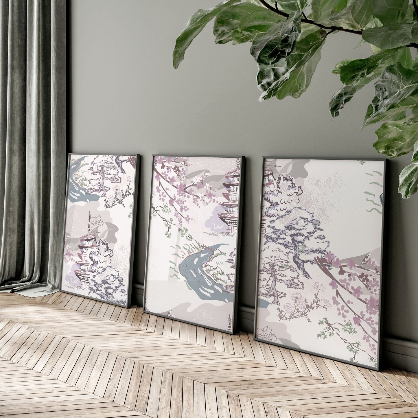 3 Chinoiserie wall art | Set of 3 wall art for living room |