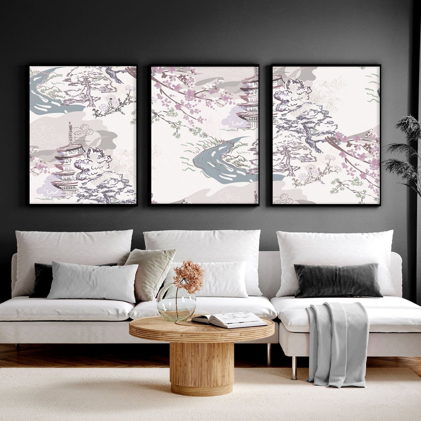 3 Chinoiserie wall art | Set of 3 wall art for living room |